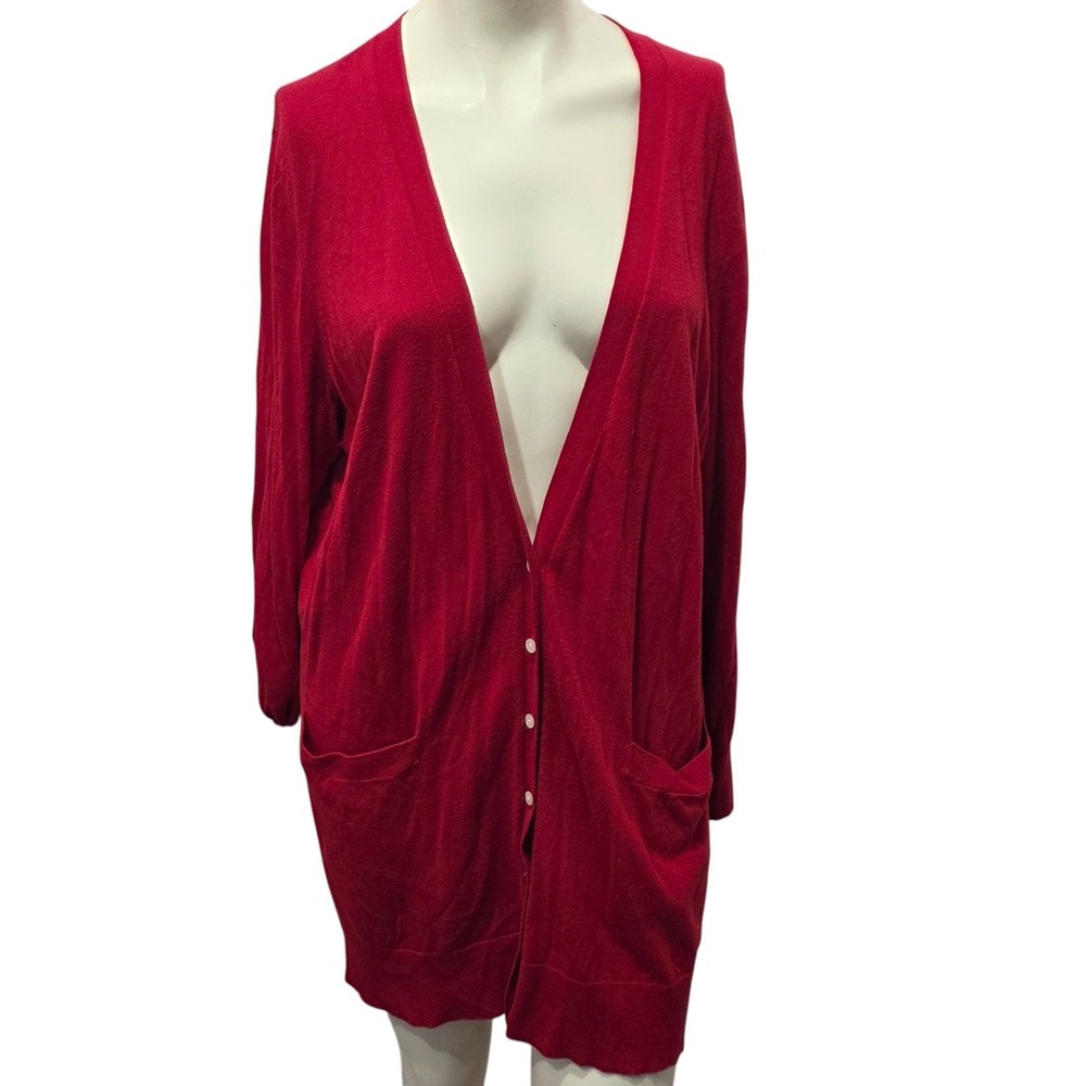Lauren Ralph Lauren Cardigan Womens 2X Red Longline Button Front Pockets Plus